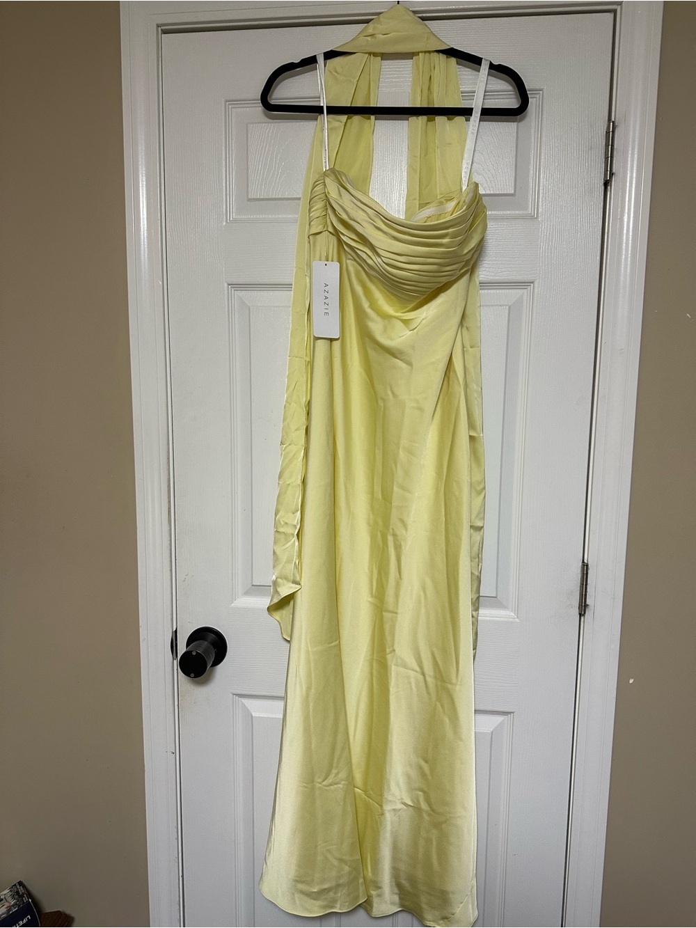 Azazie Lemon Yellow Strapless Draped Gown